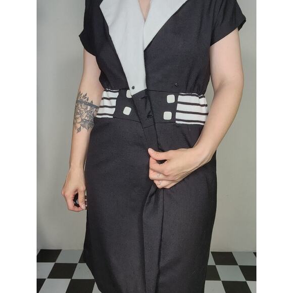 50s Vtg Kevin Stuart Petite Black White Mod Midi Business Collared Dress Sz Sm - Picture 7 of 10